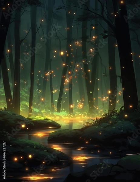 Fototapeta The forest at night often comes alive with the enchanting presence of glowing fireflies. These bioluminescent insects light up the darkness with their soft, flickering lights, creating a mesmerizing s