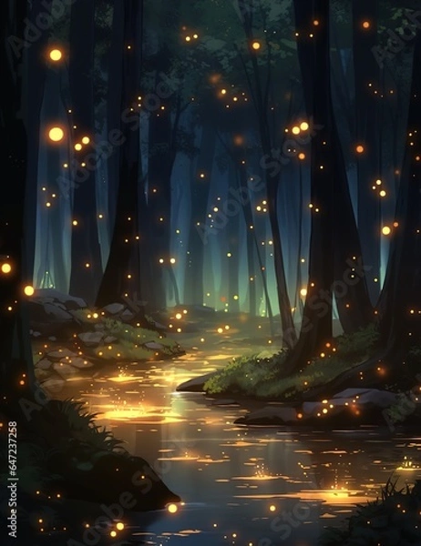 Fototapeta The forest at night often comes alive with the enchanting presence of glowing fireflies. These bioluminescent insects light up the darkness with their soft, flickering lights, creating a mesmerizing s