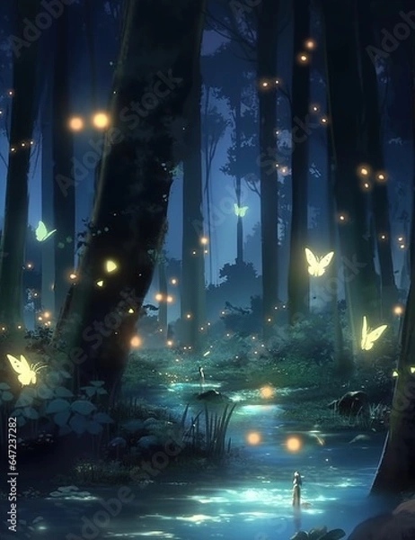 Fototapeta The forest at night often comes alive with the enchanting presence of glowing fireflies. These bioluminescent insects light up the darkness with their soft, flickering lights, creating a mesmerizing s