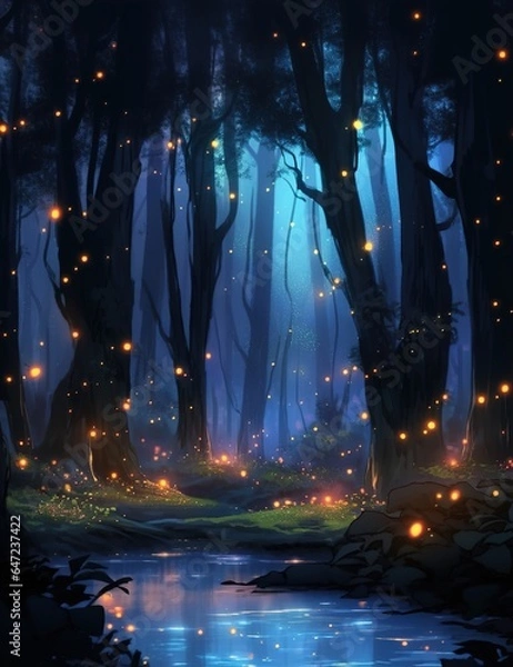 Fototapeta The forest at night often comes alive with the enchanting presence of glowing fireflies. These bioluminescent insects light up the darkness with their soft, flickering lights, creating a mesmerizing s