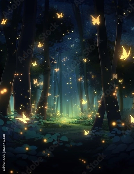 Fototapeta The forest at night often comes alive with the enchanting presence of glowing fireflies. These bioluminescent insects light up the darkness with their soft, flickering lights, creating a mesmerizing s