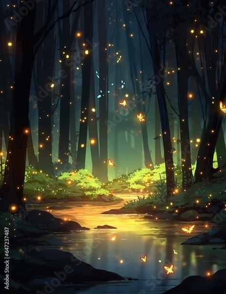 Fototapeta The forest at night often comes alive with the enchanting presence of glowing fireflies. These bioluminescent insects light up the darkness with their soft, flickering lights, creating a mesmerizing s