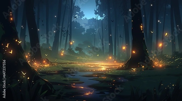 Fototapeta The forest at night often comes alive with the enchanting presence of glowing fireflies. These bioluminescent insects light up the darkness with their soft, flickering lights, creating a mesmerizing s