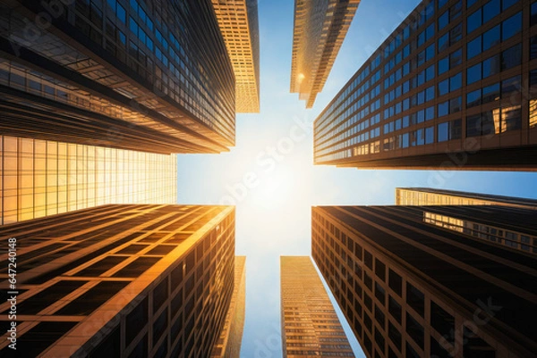 Fototapeta View from ground level up of corporate skyscrapers and sunshine above, sleek and modern downtown architecture