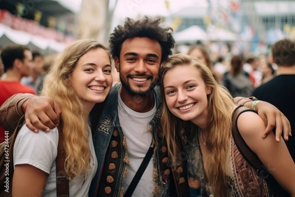 Fototapeta a couple of young diverse man and woman in traditional german attire celebrating oktoberfest in the beer garden drinking, laughing, having fun chatting together, summer or early autumn weather