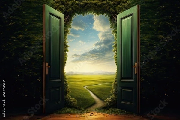 Obraz An open door stands in a green landscape