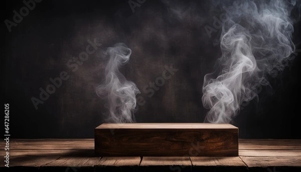 Obraz Empty Blank Old Dark Brown Wooden Table Podium Stand Platform White Smoke Smog Fume Dim Light Black Wall Background Eerie Rustic Grunge Backdrop Halloween Creepy Banner Mockup Product Display Showcase