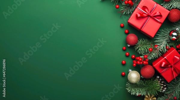 Fototapeta Merry Christmas banner with red gift boxes, tree branches and golden decoration on green background. Happy new year. Copy space.