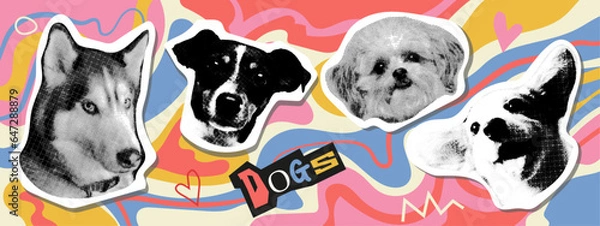 Obraz Collage design elements in trendy dotted pop art style. Retro halftone effect. Portraits of dogs of various breeds.Vector isolated elements. Cute dogs. Print design, t-shirt print