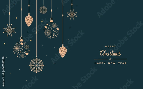 Fototapeta Merry Christmas and Happy New Year. Xmas background with Snowflakes, star and balls design.