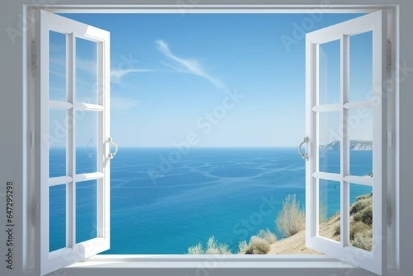Obraz Scenic seaview framed by open window on sunny day. Generative AI