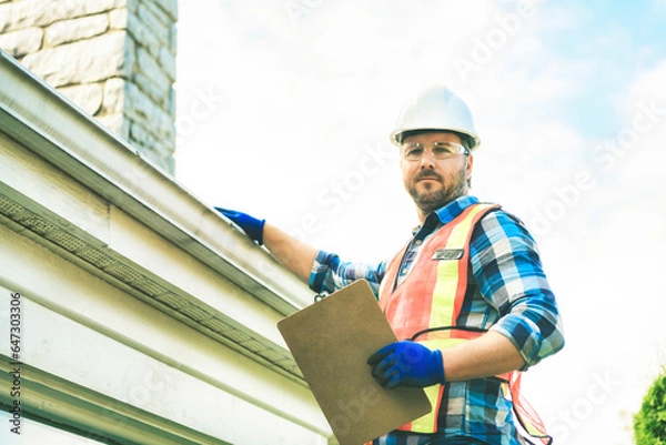 Fototapeta man with hard hat standing on steps inspecting house roof