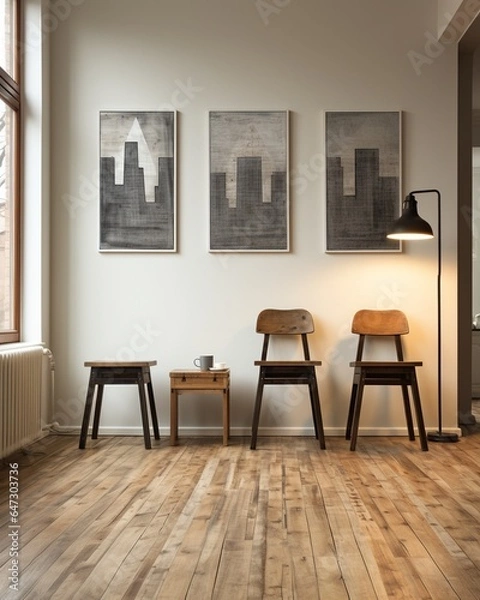 Obraz Stylish mock up poster frame, nordic and contemporary interior design. Gallery wall with empty frame and copy space. Scandinavian style home interior design of modern living room.
