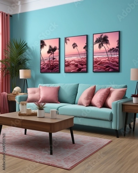 Obraz Stylish mock up poster frame, nordic and contemporary interior design. Gallery wall with empty frame and copy space. Scandinavian style home interior design of modern living room.