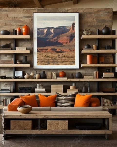 Obraz Stylish mock up poster frame, nordic and contemporary interior design. Gallery wall with empty frame and copy space. Scandinavian style home interior design of modern living room.