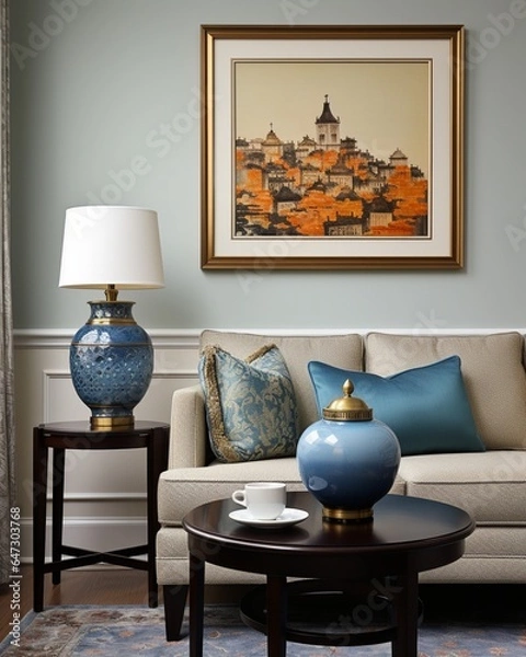 Obraz Stylish mock up poster frame, nordic and contemporary interior design. Gallery wall with empty frame and copy space. Scandinavian style home interior design of modern living room.