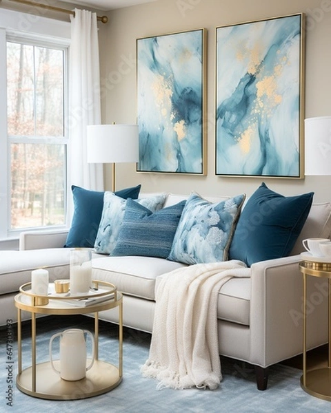 Obraz Stylish mock up poster frame, nordic and contemporary interior design. Gallery wall with empty frame and copy space. Scandinavian style home interior design of modern living room.