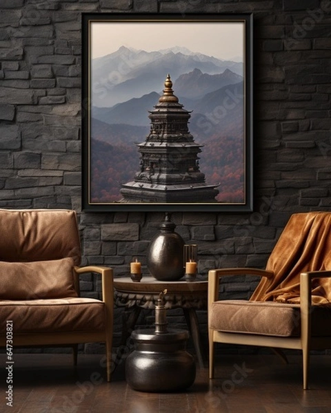 Obraz Stylish mock up poster frame, nordic and contemporary interior design. Gallery wall with empty frame and copy space. Scandinavian style home interior design of modern living room.