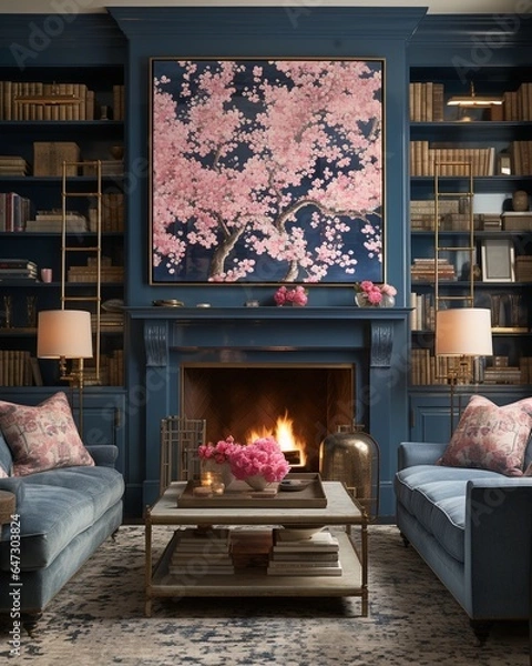 Obraz Stylish mock up poster frame, nordic and contemporary interior design. Gallery wall with empty frame and copy space. Scandinavian style home interior design of modern living room.