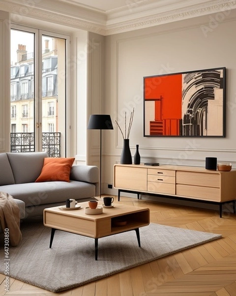 Obraz Stylish mock up poster frame, nordic and contemporary interior design. Gallery wall with empty frame and copy space. Scandinavian style home interior design of modern living room.