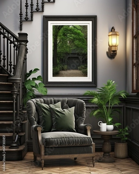 Obraz Stylish mock up poster frame, nordic and contemporary interior design. Gallery wall with empty frame and copy space. Scandinavian style home interior design of modern living room.