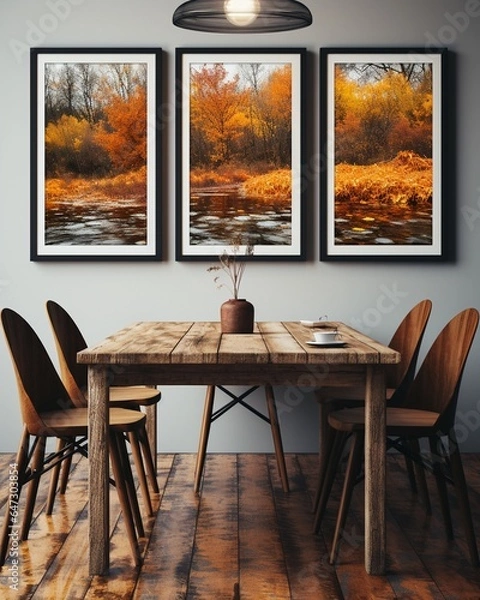 Obraz Stylish mock up poster frame, nordic and contemporary interior design. Gallery wall with empty frame and copy space. Scandinavian style home interior design of modern living room.