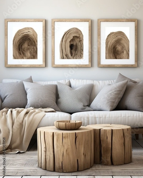 Obraz Stylish mock up poster frame, nordic and contemporary interior design. Gallery wall with empty frame and copy space. Scandinavian style home interior design of modern living room.