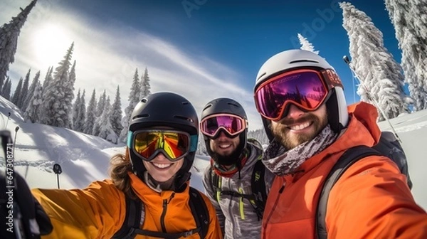 Fototapeta A cheerful group of snowboarders in the mountains, skiing on the slopes of the mountains. Generation AI