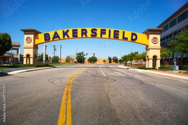 Fototapeta Bakersfield welcome sign, a wide arched street sign. Also known as the Bakersfield Neon Arch, it is one of the most recognizable landmarks in Bakersfield, California.