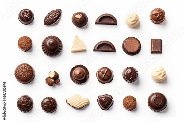Fototapeta Collection of various chocolate pieces on white background. Generative AI