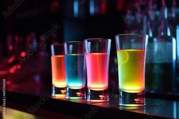 Fototapeta Drink in a night club cocktails on illuminated bar counter. Generative AI
