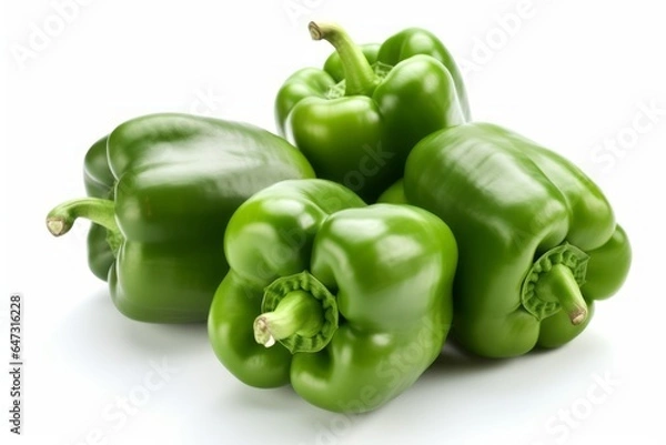 Fototapeta Four green bell peppers isolated on white background. Generative AI