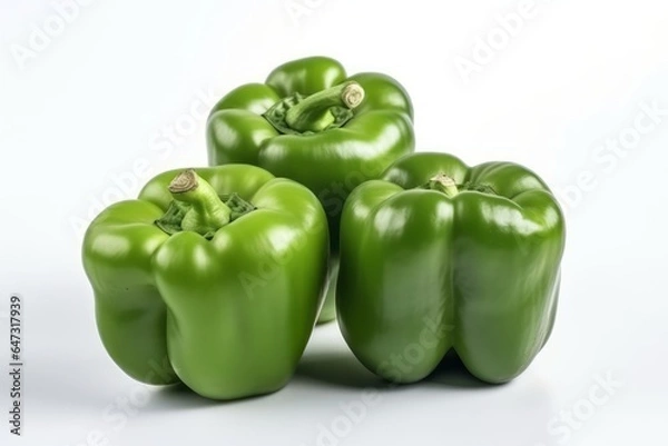Fototapeta Three green bell peppers isolated on white background. Generative AI