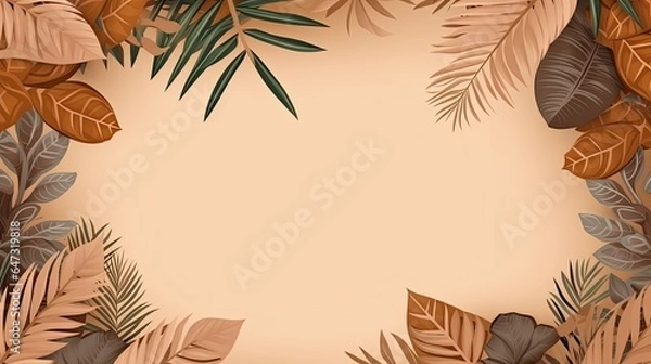 Fototapeta Brown background with brown tropical leaves, with empty space in the middle. It's perfect for creating summer-themed designs, tropical party invitations, or dynamic social media posts