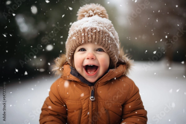 Fototapeta Cute child with happy face wearing a warm hat and warm jacket surrounded with snowflakes. Winter holidays concept.