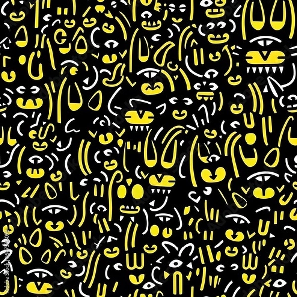 Obraz Seamless Black and Yellow Smiling Cat Pattern