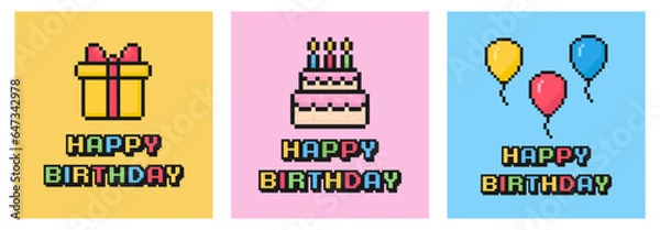 Obraz happy birthday card set, pixel art postcard, 80s 90s old arcade game style, nostalgia, gift, cake, baloons, vector illustration