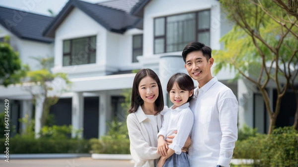 Obraz photograph of Asian family portrait in front of the house happy family home concept ,generative ai