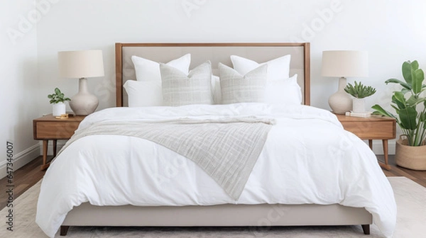 Obraz White bed with pillows and comforter