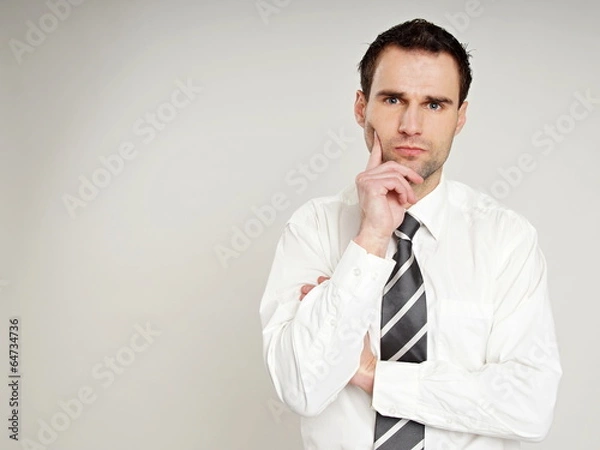 Obraz Thinking man at white shirt, left you can write some text