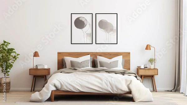 Obraz Minimalist bedroom interior with a white frame mockup on the wall, Generative AI