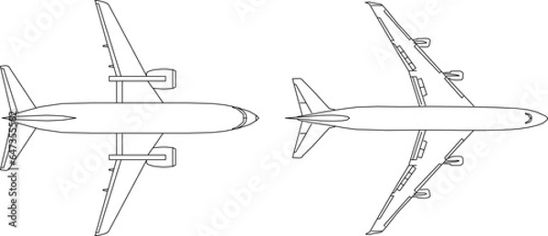 Fototapeta Vector sketch illustration of the design of a passenger aircraft flying vehicle seen from above for completeness of the image