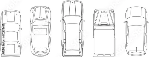 Fototapeta Vector sketch illustration of family car vehicle design seen from above to complete layout and site plan drawings