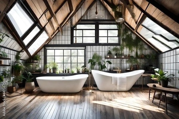Fototapeta Bright and Elegant attic glass bathroom with bathtub and subway tile and a variety of green plants of deep forest style