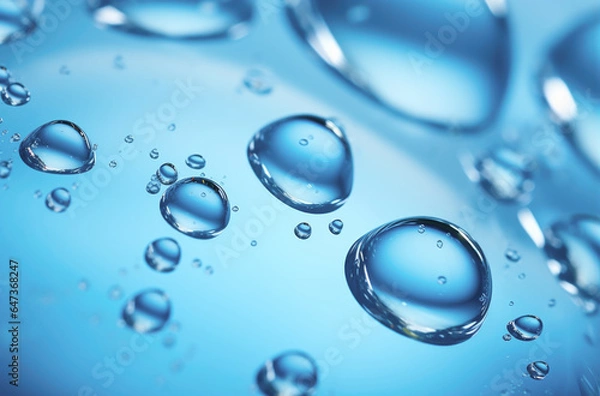 Fototapeta Oxygen bubbles in clear blue water, close-up. Mineral water. Water enriched with oxygen. . Made with AI gereration