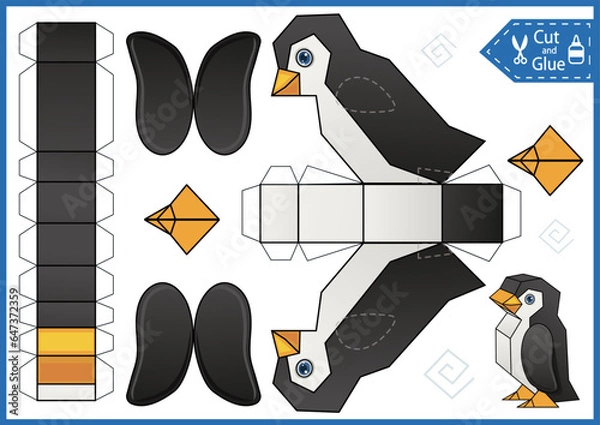 Fototapeta Craft game cut and glue paper 3d penguin. Kids papercraft template cute character. Education activity printable page. DIY model toys of funny bird.