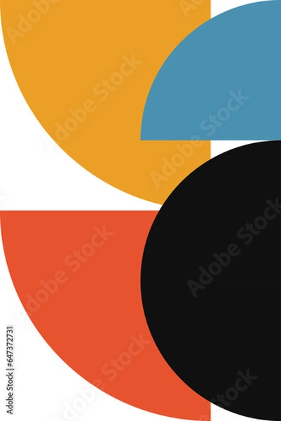 Fototapeta Abstract geometric minimalist artwork. Vector illustration made of simple shapes like circle, square, triangle. Retro background in Bauhaus style and bold colors: red, yellow, blue and black on white