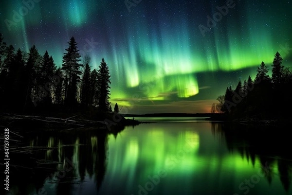 Obraz An enchanting aurora illuminates the sky and reflects on a tranquil lake in Minnesota. Generative AI