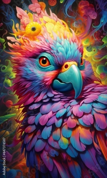 Fototapeta A whimsical painting of a vibrant parrot perched atop a bright and vivid background captures the joy of animal anthropomorphism and the beauty of nature
