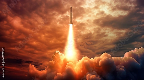 Fototapeta Rocket flying high in the sky with cloud.